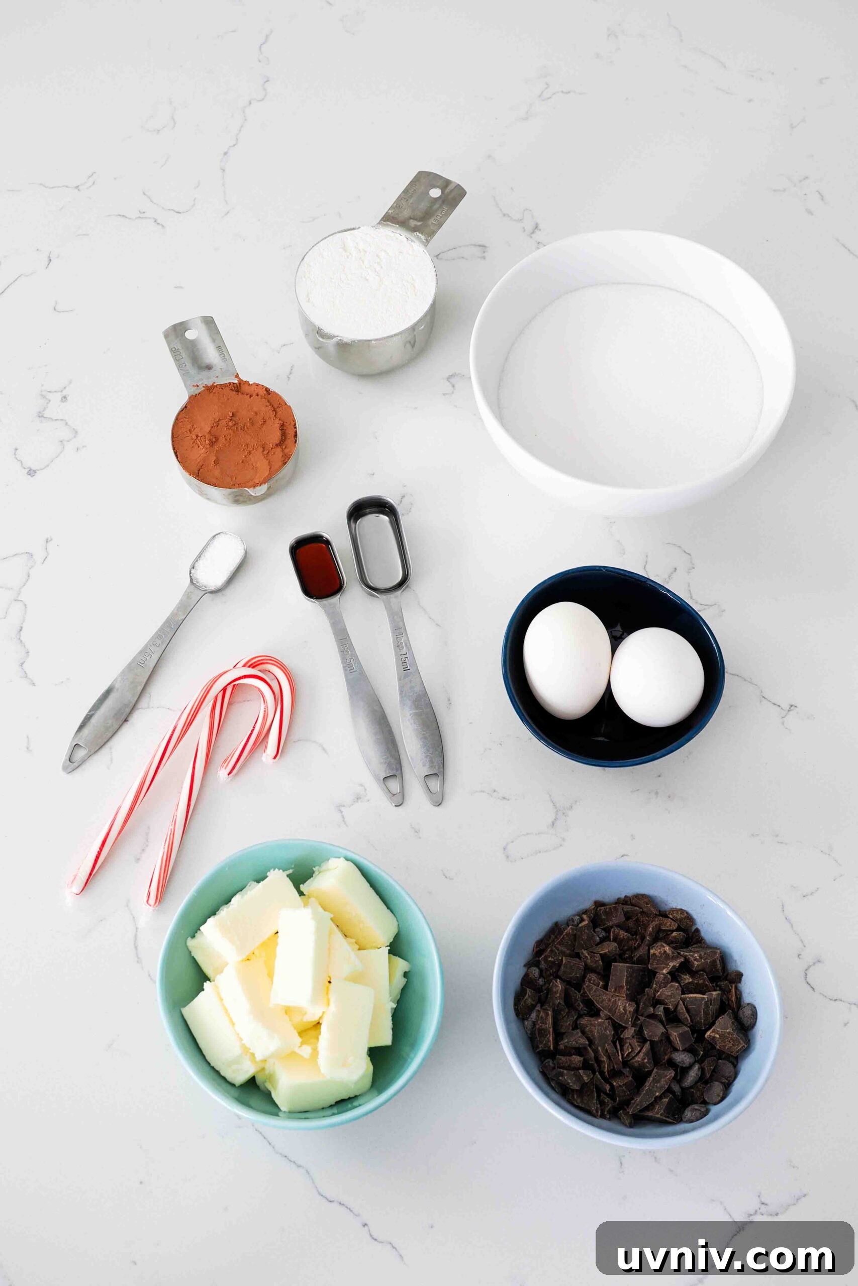 Decadent Peppermint Brownies Recipe for Holiday Baking 3 Ingredients for peppermint brownies on a quartz counter.