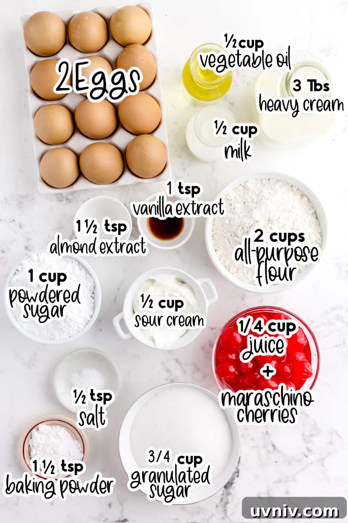 Individual bowls of ingredients needed for cherry bread recipe, with text labels.