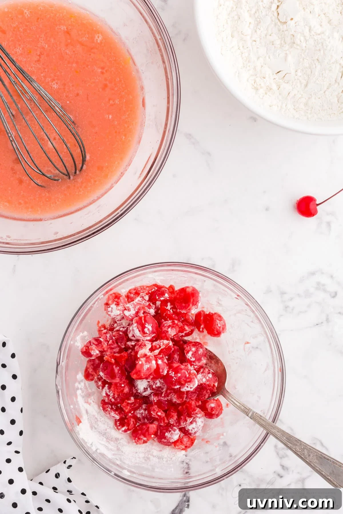 flour mixed into cherries next to cherry juice mixture and flour for cherry bread