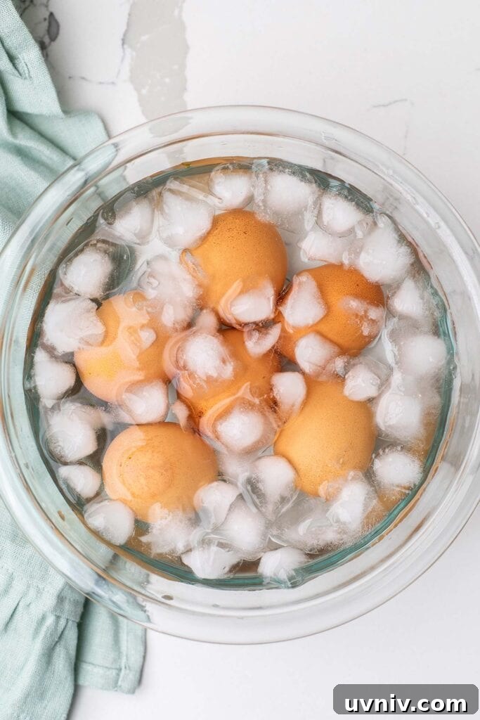 Perfect Air Fryer Hard-Boiled Eggs That Peel Easily 6 Eggs in an ice bath.