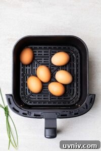Perfect Air Fryer Hard-Boiled Eggs That Peel Easily 10 Eggs in an air fryer basket.