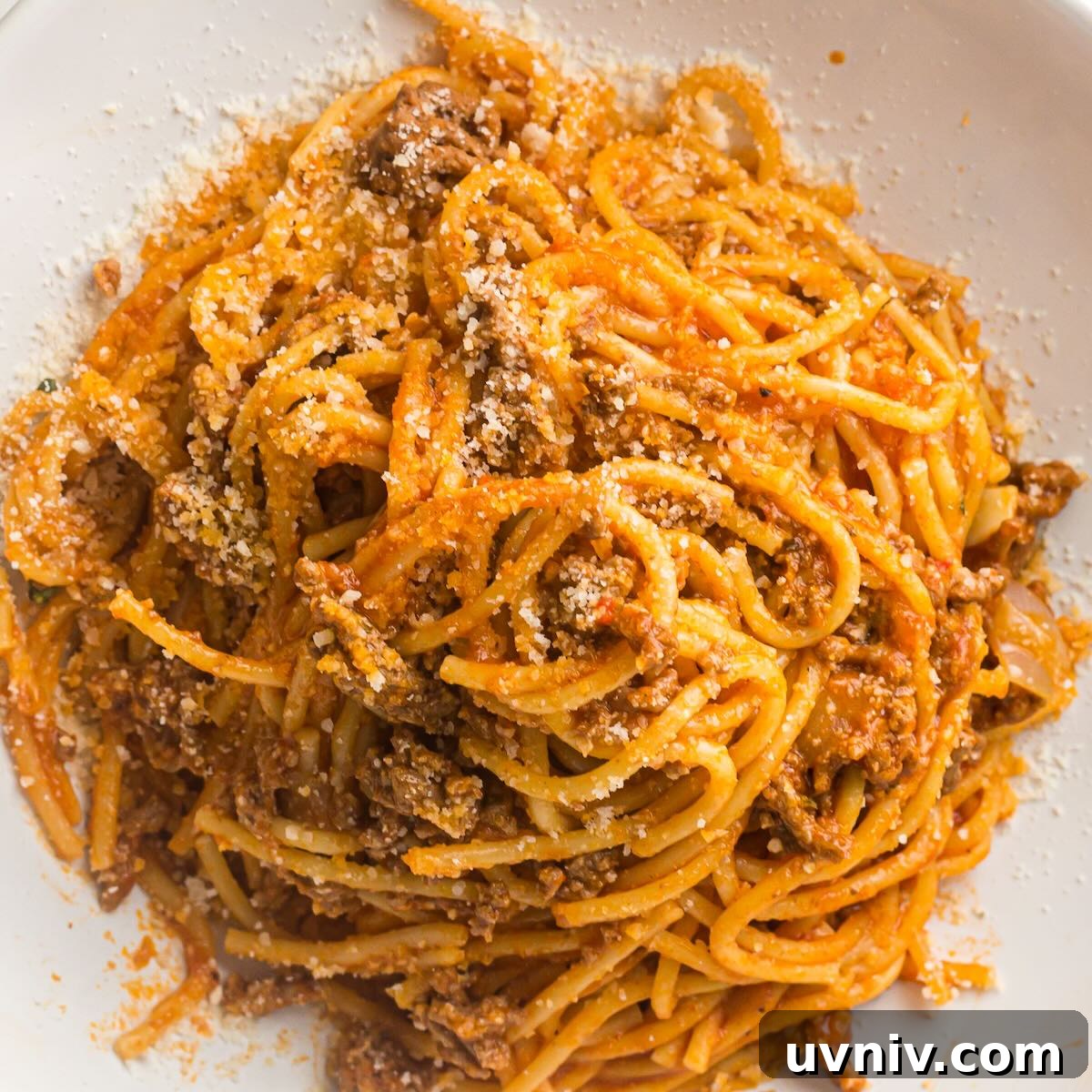 Plated spaghetti with meat sauce topped with grated Parmesan cheese.