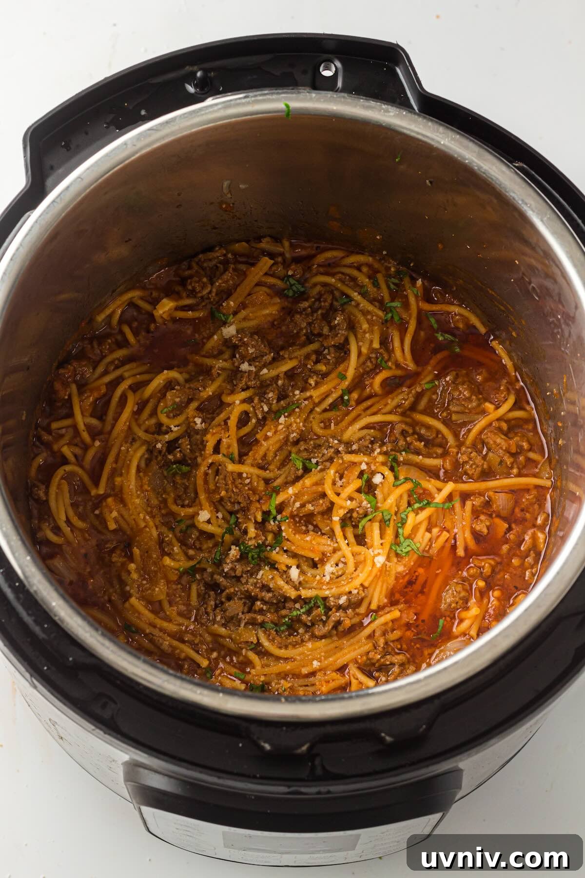 Instant Pot Spaghetti with Savory Meat Sauce 9 Cooked spaghetti in Instant Pot, ready to serve.