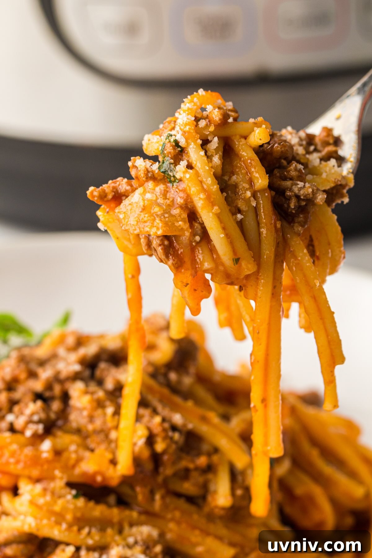 Instant Pot Spaghetti with Savory Meat Sauce 10 A bite full of spaghetti with meat sauce topped with grated Parmesan cheese.