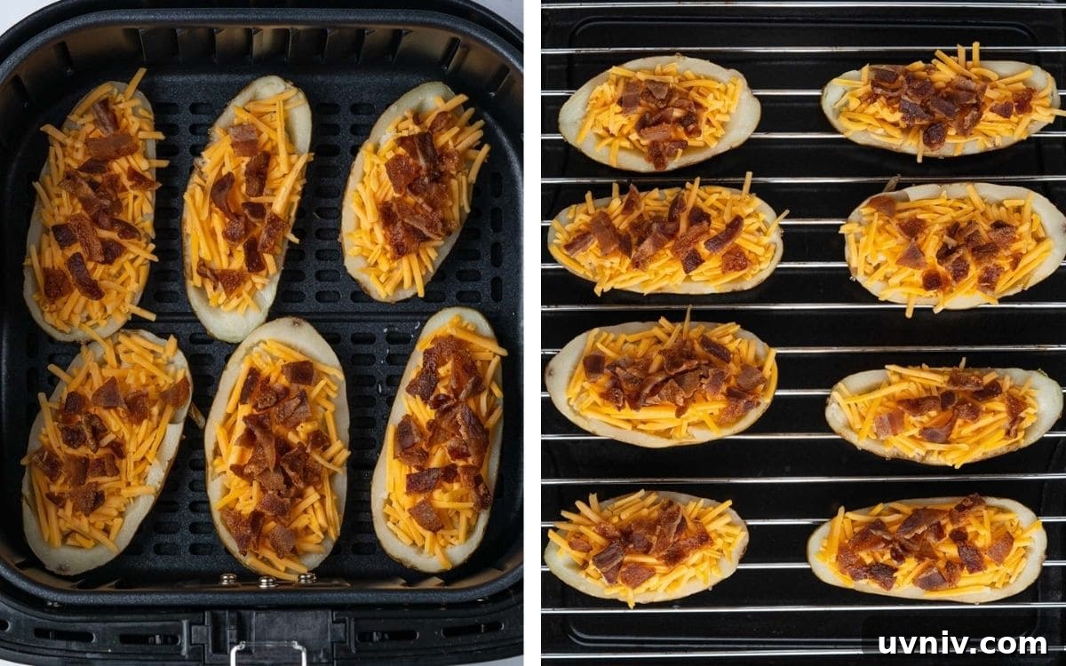 Crispy Air Fryer Potato Skins with Cheesy Bacon Filling 9 Potato skins before cooking in Cosori air fryer and Instant Omni Plus