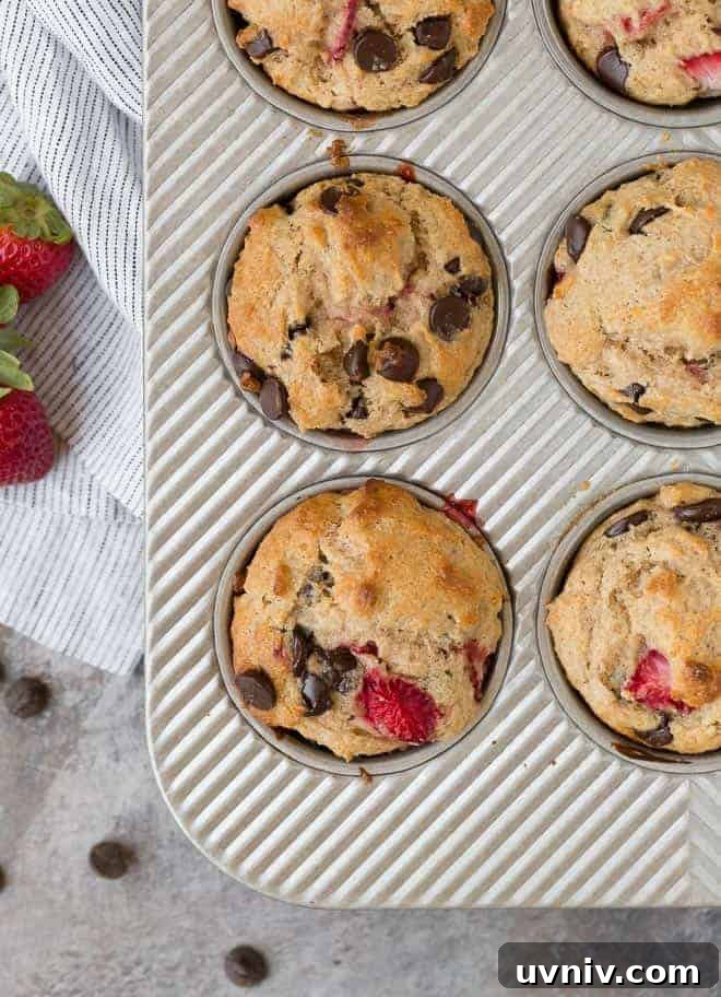 Strawberry Chocolate Chip Muffins Recipe — Moist Summer Muffins 4 Overhead image of muffins in a tin. They are flecked with chocolate chips and strawberries, and there are extra chocolate chips and strawberries off to the side.