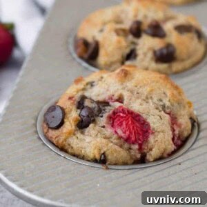 Strawberry Chocolate Chip Muffins Recipe — Moist Summer Muffins 7 Close-up image of a muffin flecked with fresh strawberries and gooey dark chocolate chips. More strawberries and chocolate chips are pictured in the background.