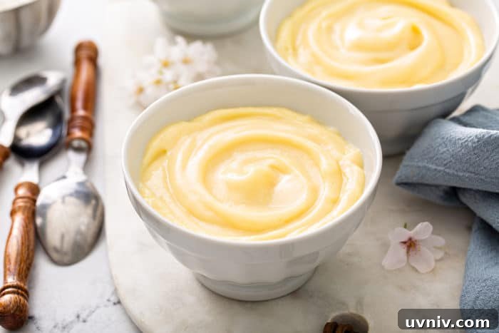 Close up of homemade vanilla pudding in a small white bowl