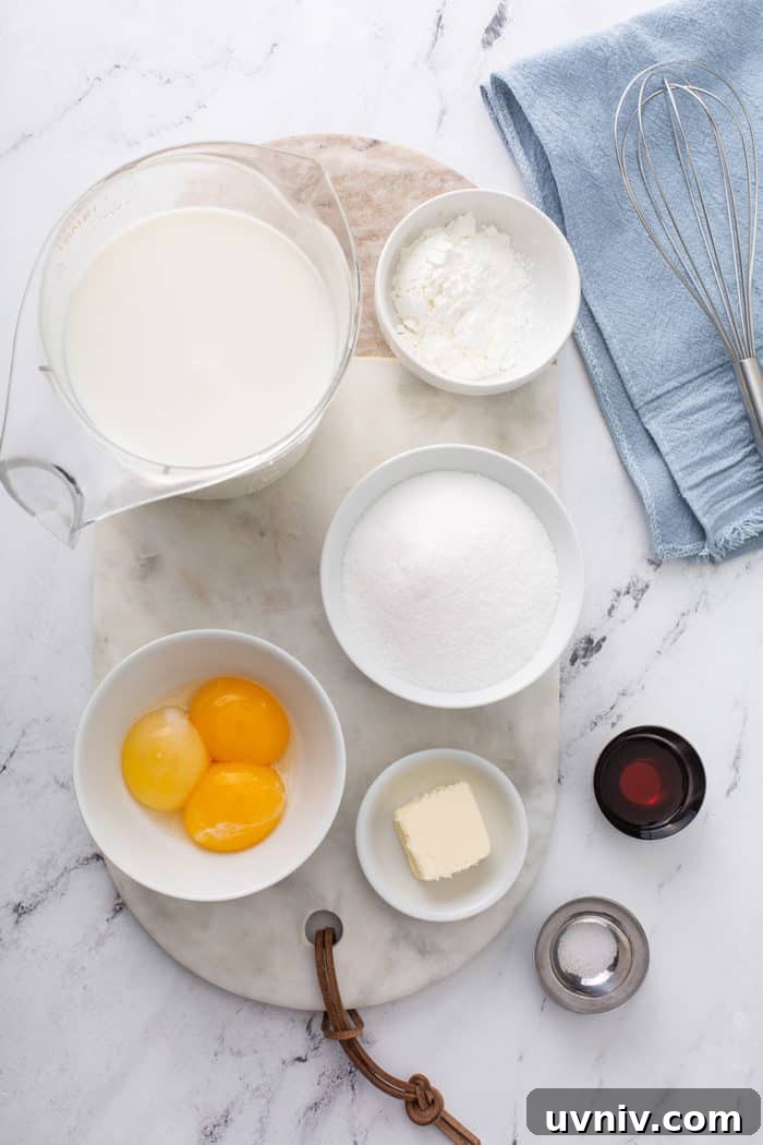 Homemade vanilla pudding ingredients on a marble countertop