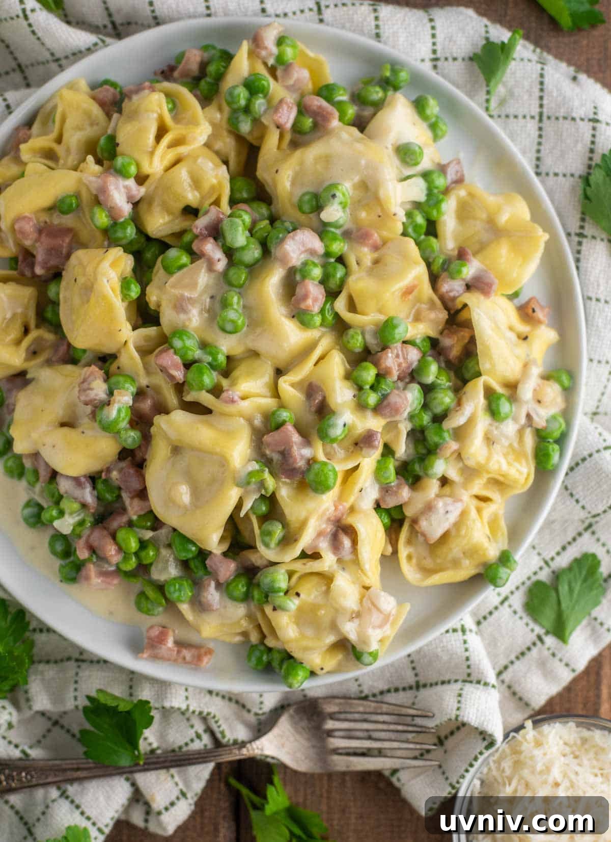 Creamy Tortellini with Parmesan Sauce recipe 2 overhead shot of tortellini alla panna on white plate