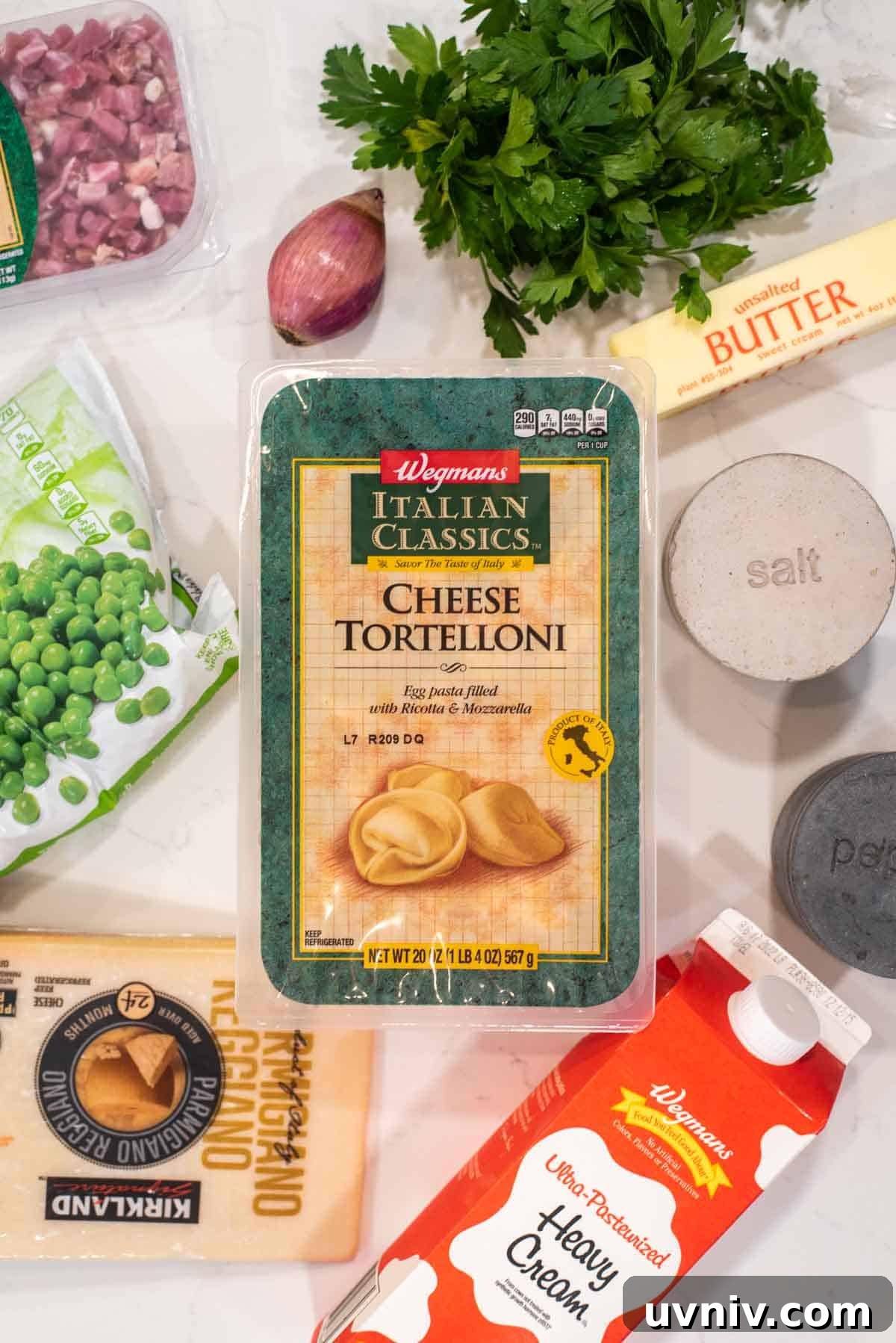 Creamy Tortellini with Parmesan Sauce recipe 3 overhead shot of ingredients for tortellini alla panna