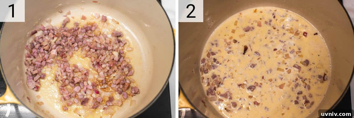 Creamy Tortellini with Parmesan Sauce recipe 4 process shots of cooking prosciutto and onions before adding cream to Dutch oven