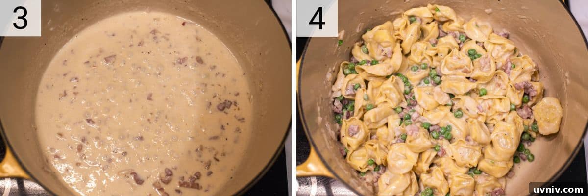 Creamy Tortellini with Parmesan Sauce recipe 5 process shots of simmering cream before adding tortellini and peas