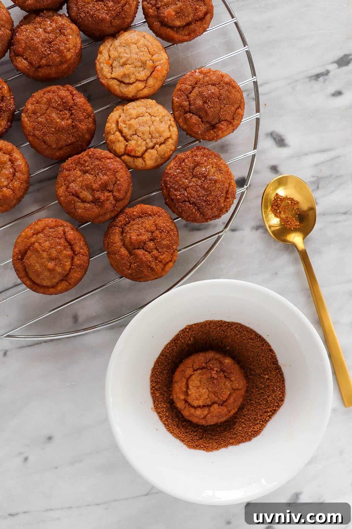 Paleo Apple Cinnamon Donut Holes Recipe — Gluten-Free Bites 7 Donut holes getting dipped in the cinnamon sugar topping.