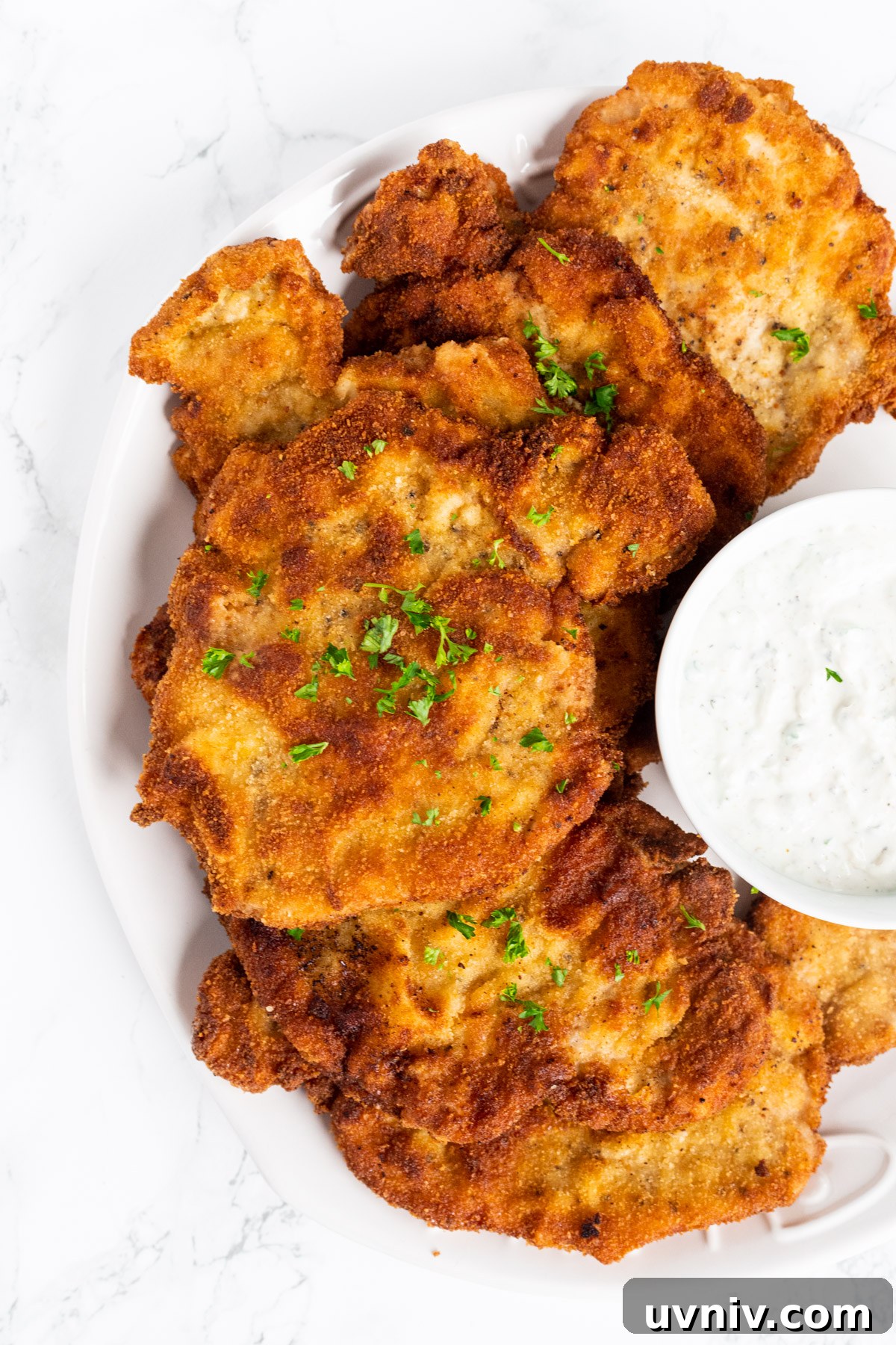 Crispy Pork Schnitzel Recipe with Lemon Butter Sauce 2 a top down view of a plate of pork schnitzel