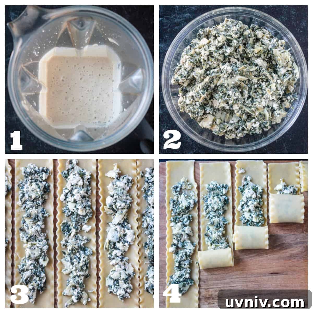 4 photo collage of blending the white sauce and rolling the filling up in lasagna noodles.