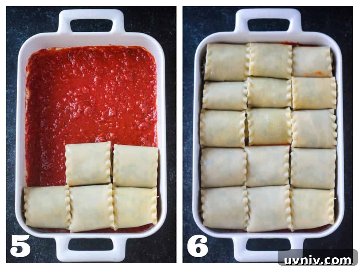 2 photo collage of placing the filled pasta in a baking dish.