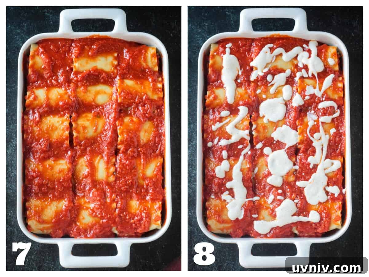 Pasta covered in marinara sauce and drizzled with white sauce before baking.