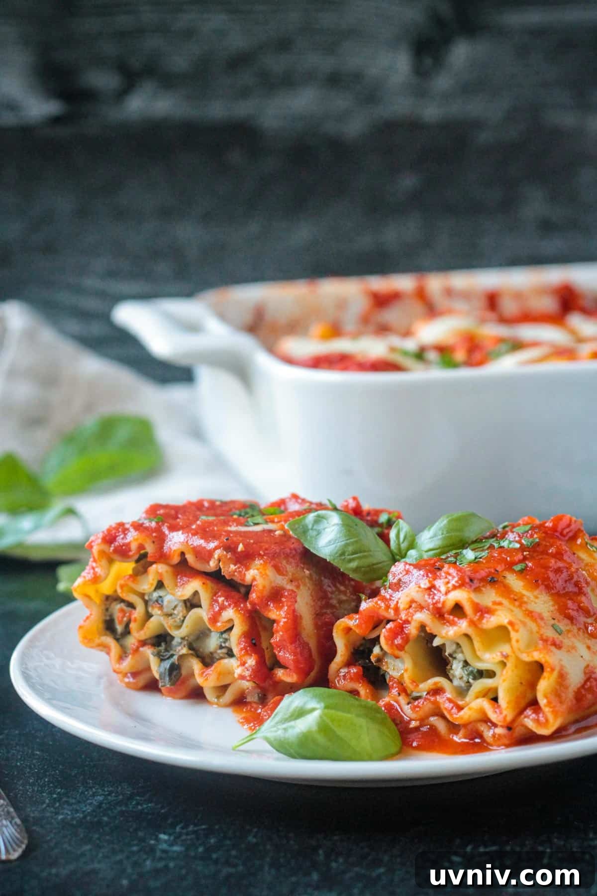 Marina sauce covering two pasta rolls.