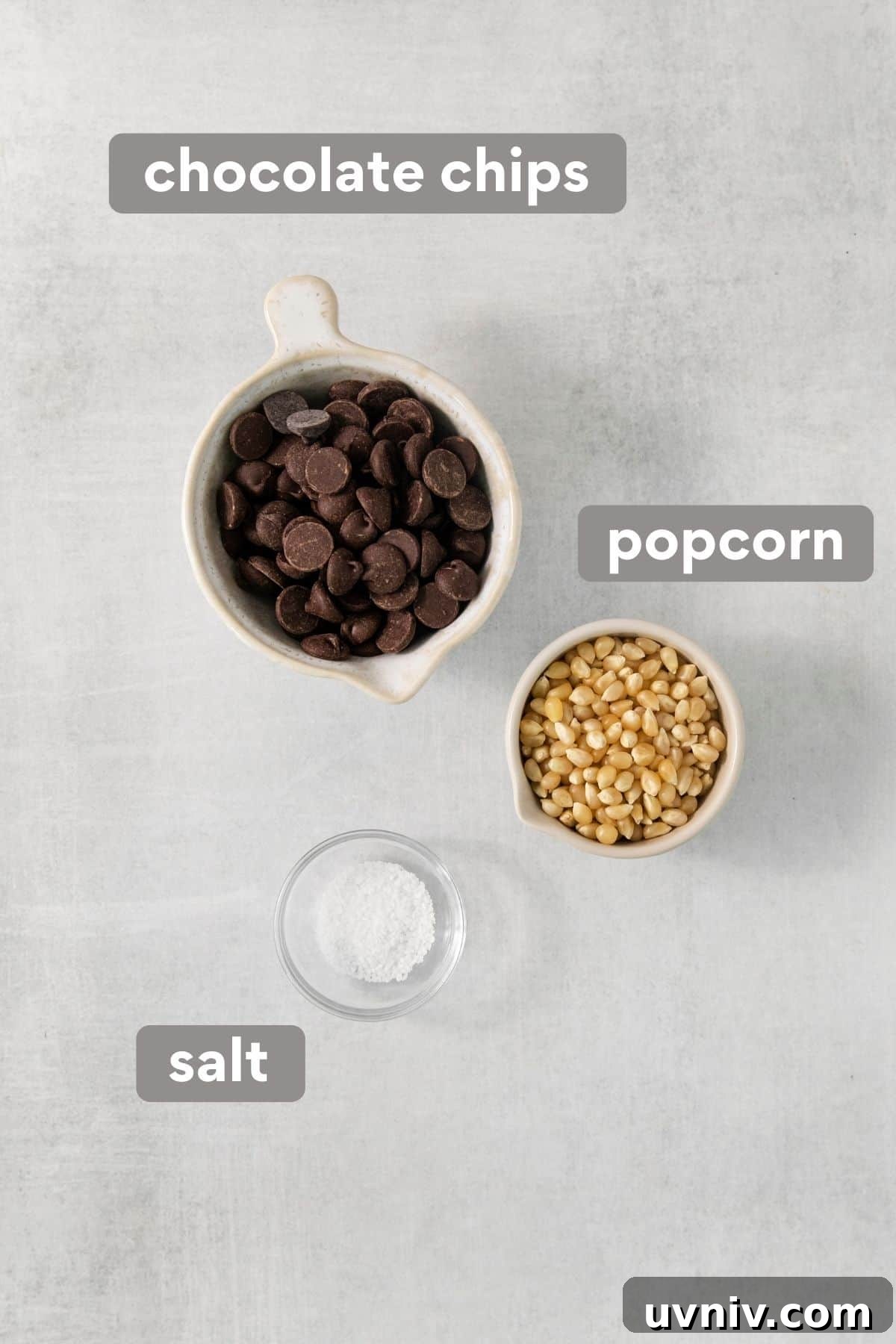 Chocolate Drizzle Popcorn Recipe: Sweet, Crunchy Movie Treat 3 Chocolate drizzle popcorn ingredients on a countertop