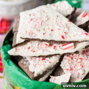 A basket lined with green paper holds pieces of christmas bark, each topped with crushed peppermint candy and a layer of white chocolate.