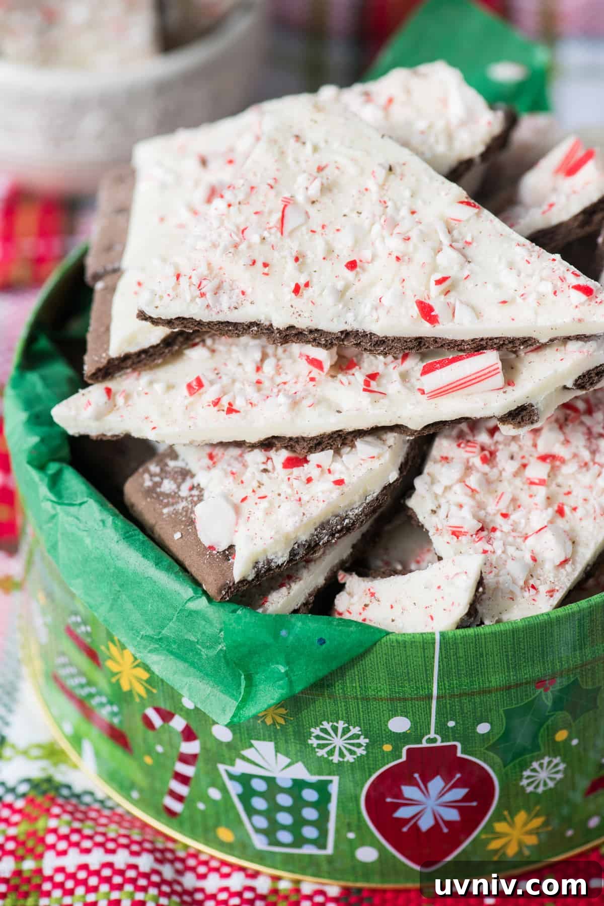 Chocolate Peppermint Bark Recipe for Holidays & Gift Giving 3 pieces of chocolate peppermint bark in christmas cookie tin