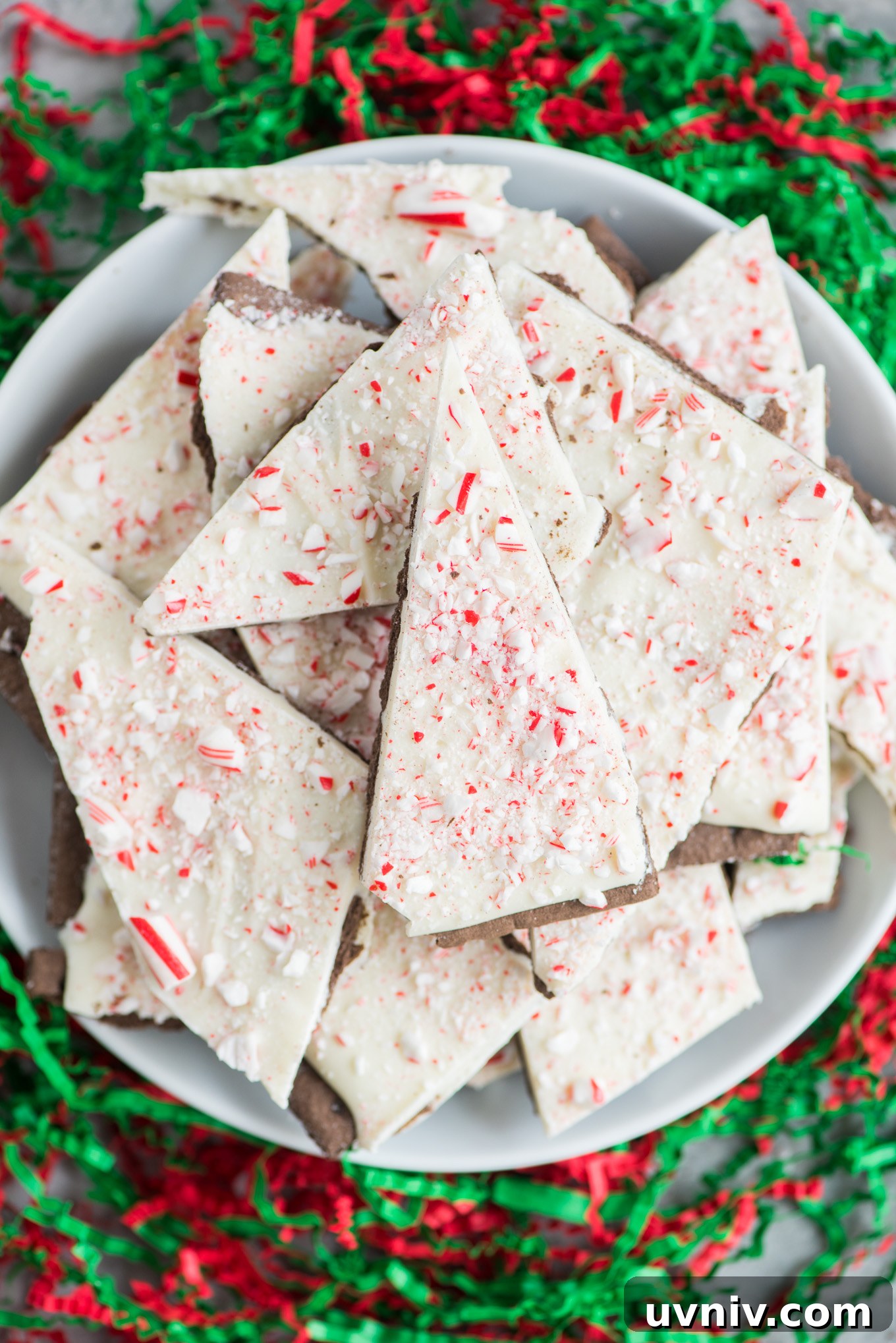 Chocolate Peppermint Bark Recipe for Holidays & Gift Giving 10 pieces of chocolate peppermint bark on a white plate
