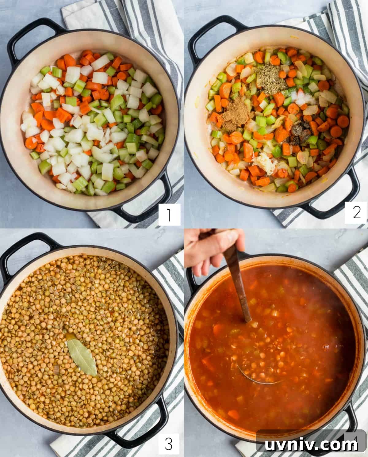 Hearty Lentil and Kale Soup Recipe for Cozy Weeknight Meals 4 cooking all of the ingredients for lentil and kale soup in a stockpot