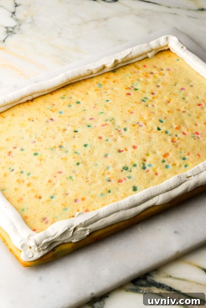 Party-Size Vanilla Birthday Sheet Cake Recipe 15 cake on a flat surface with frosting piped around the edge