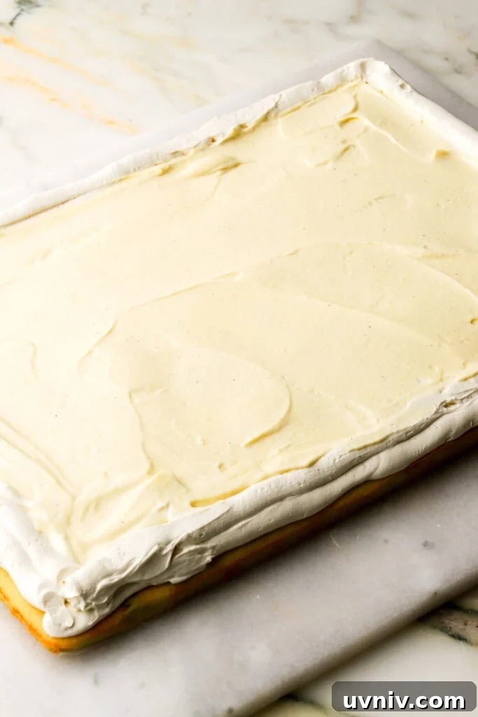 Party-Size Vanilla Birthday Sheet Cake Recipe 16 bottom layer of cake with frosting piped around the edge of the cake and custard filling in the center