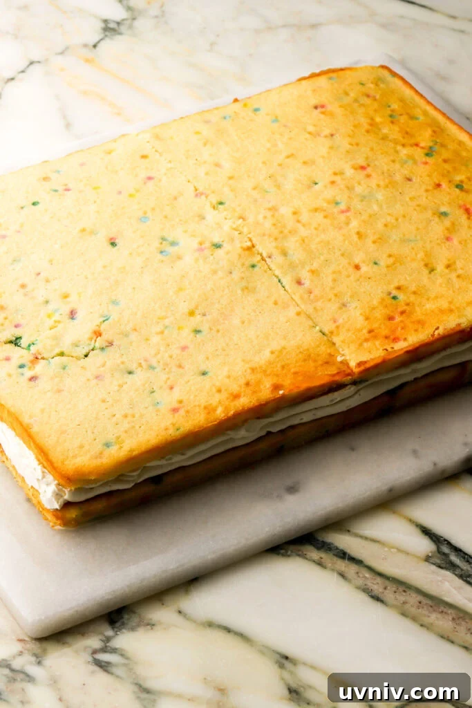 Party-Size Vanilla Birthday Sheet Cake Recipe 17 top layer of cake placed on top of the custard and frosting