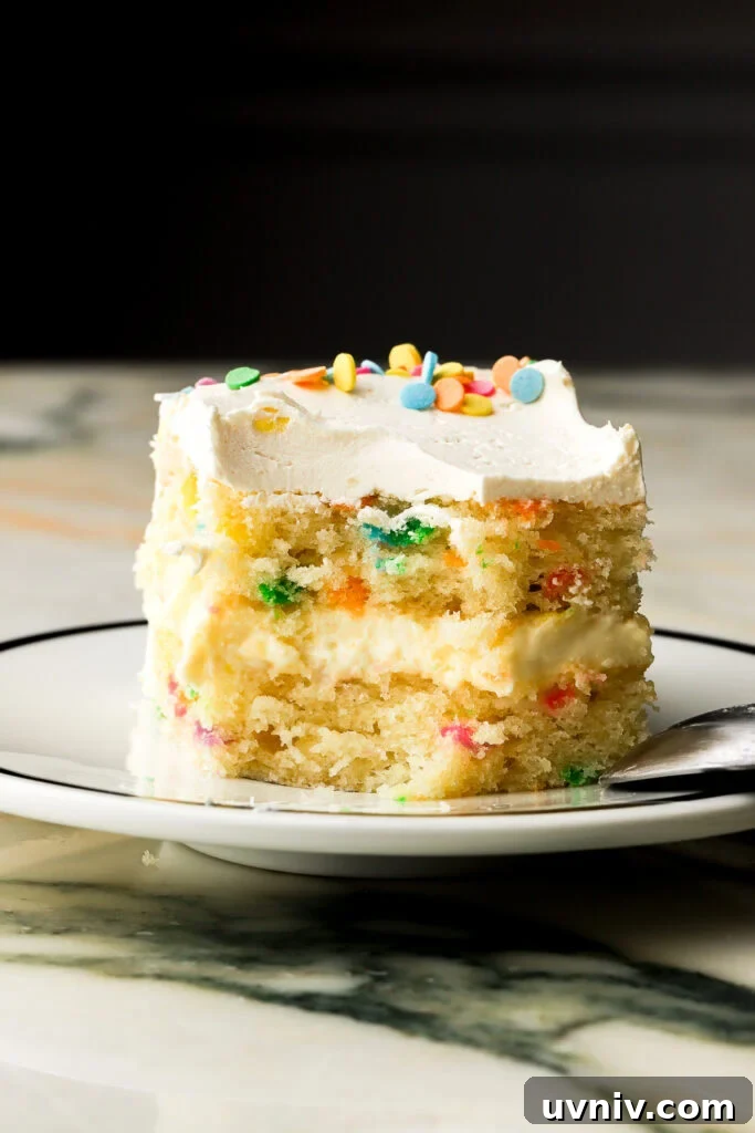 Party-Size Vanilla Birthday Sheet Cake Recipe 20 single layer of birthday cake on a plate with a bite missing, black background
