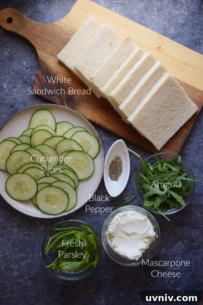 Ingredients to make the cucumber sandwiches.