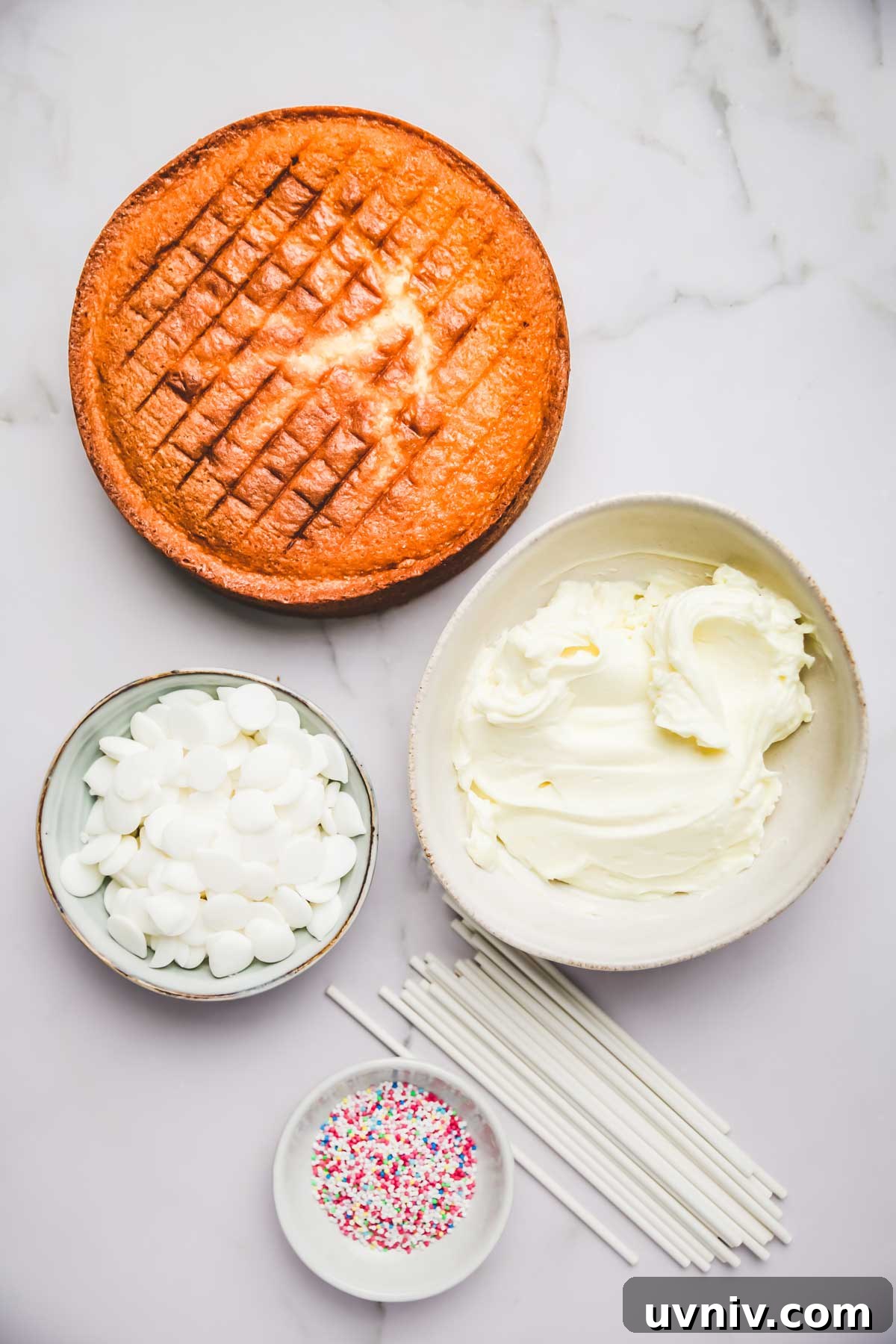 Homemade Vanilla Cake Pops Recipe: Step-by-Step Guide 3 Vanilla sponge cake with bowls, icing and lollipop sticks ready for cake pops