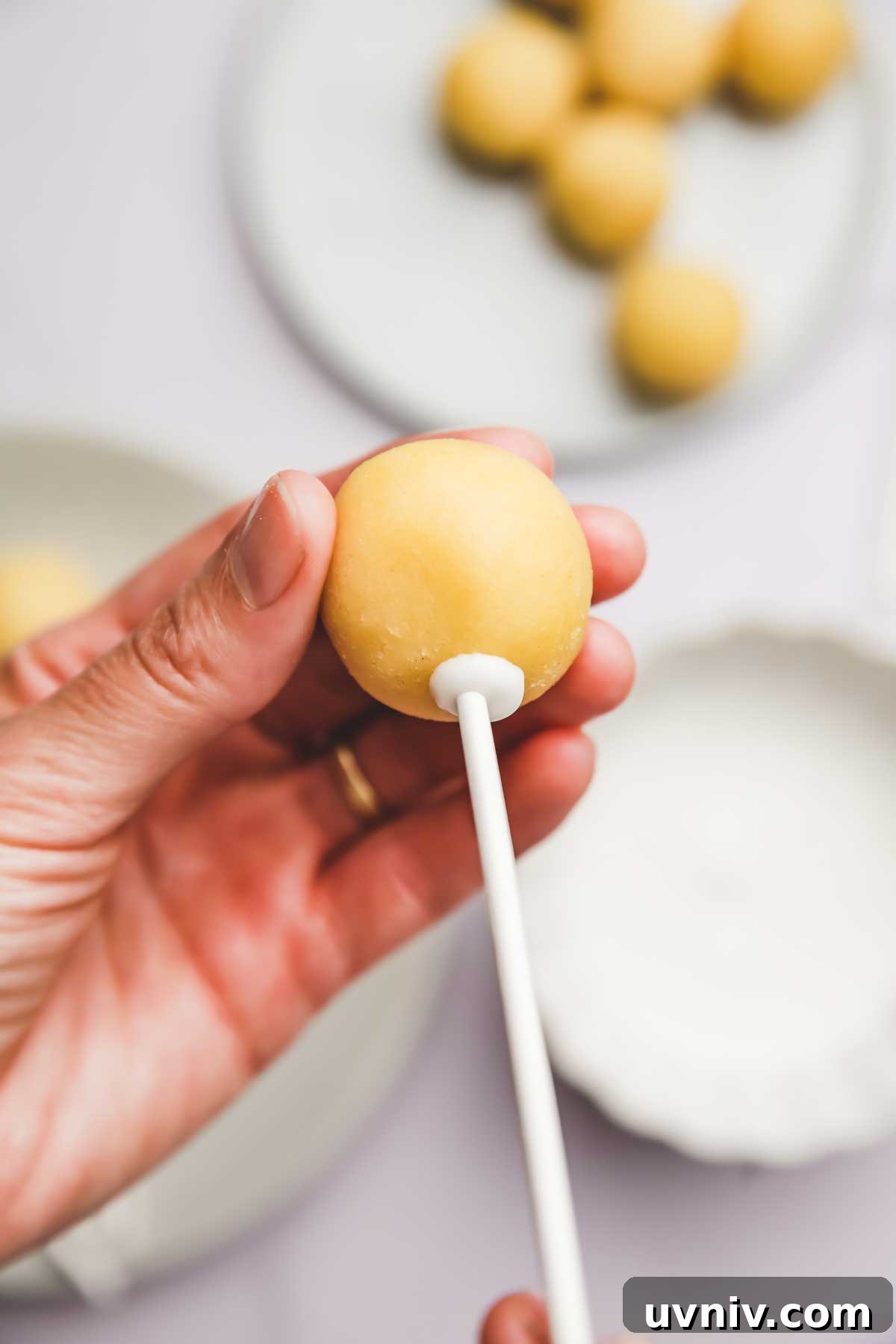 Homemade Vanilla Cake Pops Recipe: Step-by-Step Guide 7 Cake pop held in one hand with a stick inserted