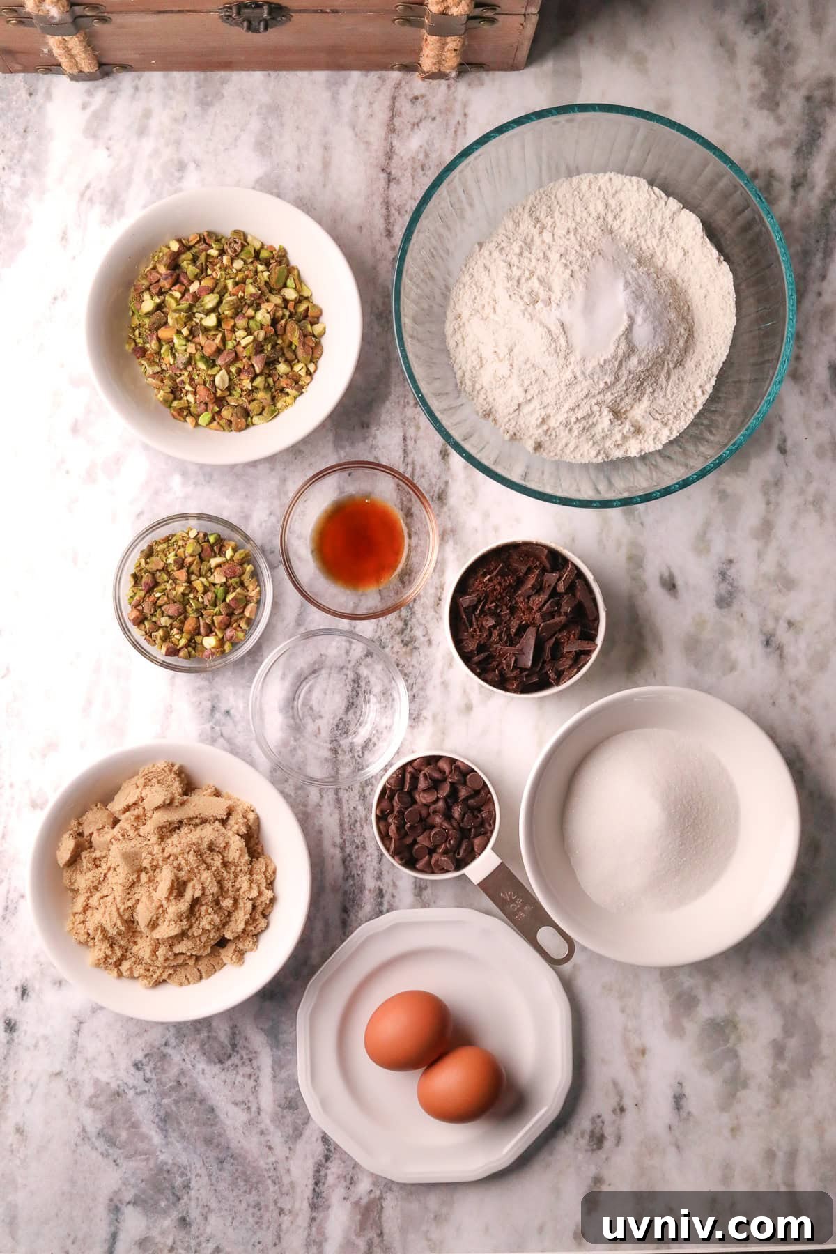Brown Butter Pistachio Chocolate Chip Cookies Recipe 3 Ingredients for making brown butter pistachio chocolate chip cookies arranged on a table top.