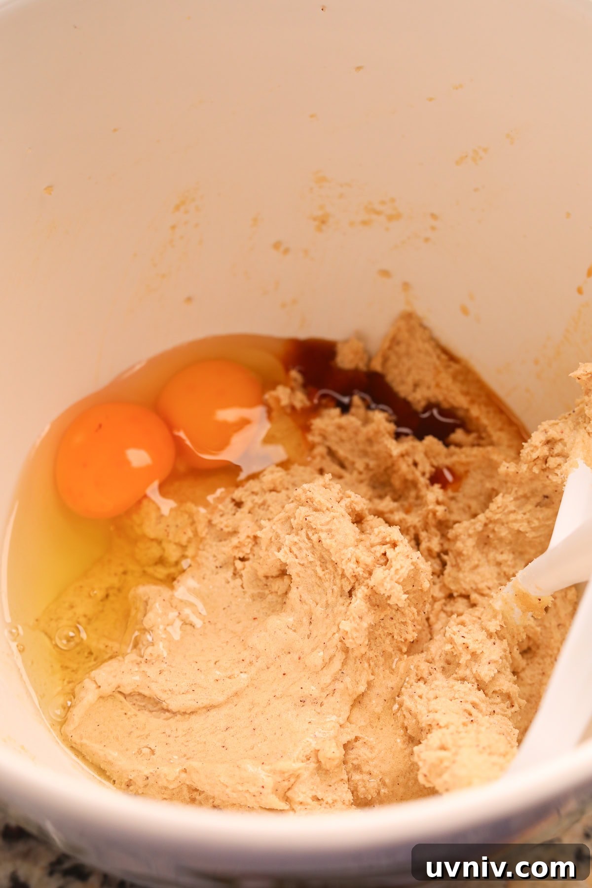 Brown Butter Pistachio Chocolate Chip Cookies Recipe 6 Creamed butter and sugar in a mixing bowl with eggs and extracts added.