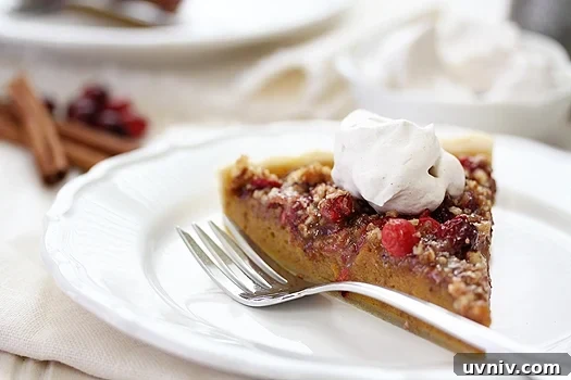 pumpkincranberrypecantart photo of a slice of Pumpkin Tart with Cranberry Pecan Topping on a white plate with a fork