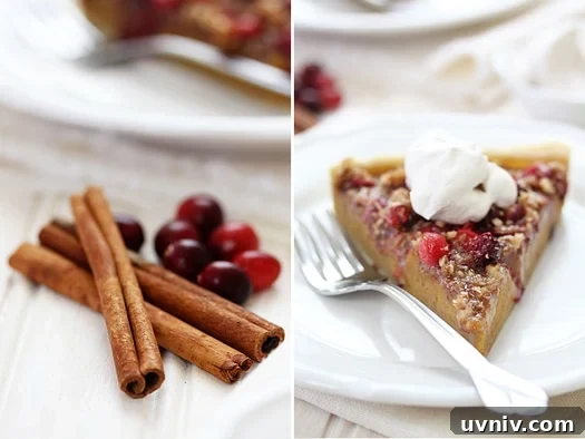 cinnamonandcranberrypumpkinpiecollage photo of cinnamon sticks, fresh cranberries, and a slice of pumpkin tart
