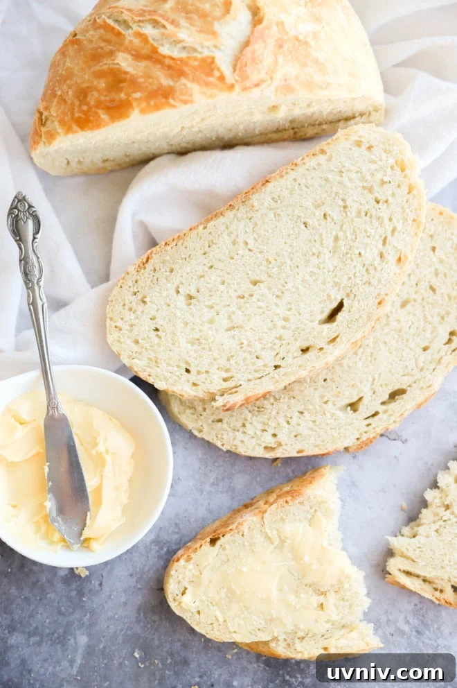 No-Knead Overnight Bread Recipe for Perfect Rustic Loaves 12 Butter and salt in a slice of overnight bread