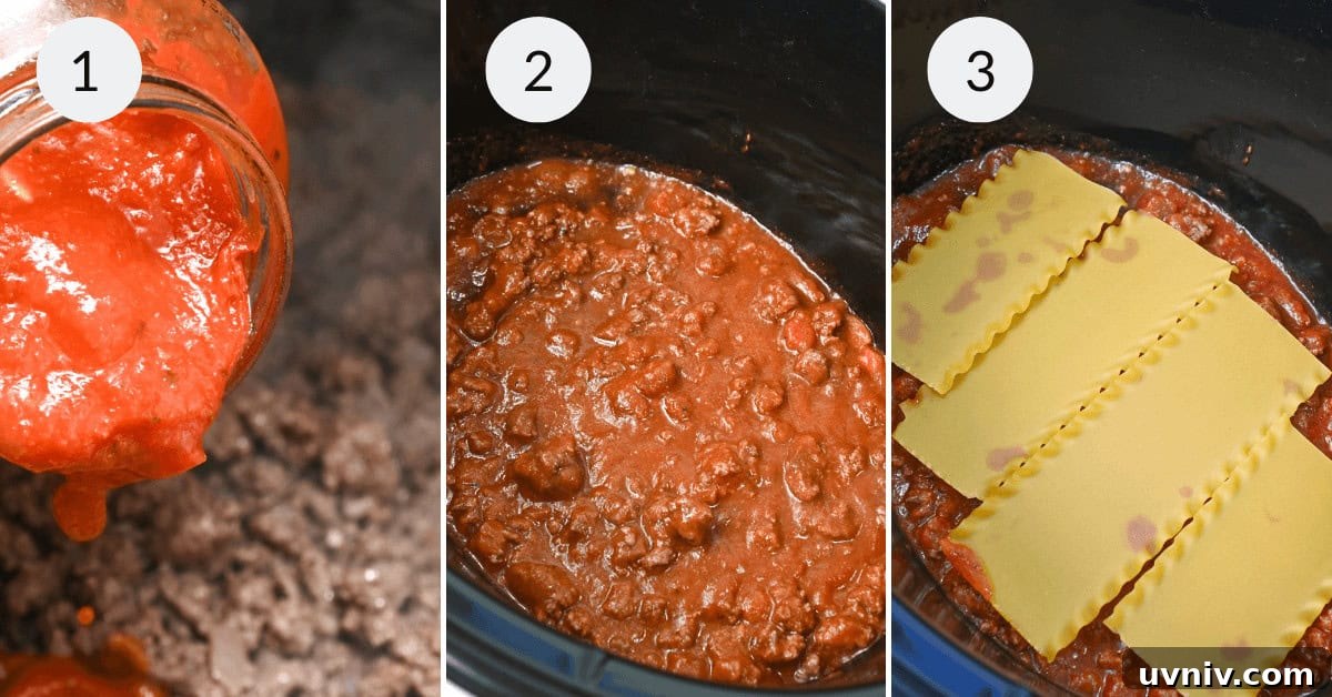 Slow Cooker No-Fuss Lasagna: Cheesy One-Pot Recipe 6 Three-step lazy lasagna cooking process: pouring tomato sauce, cooked ground meat with sauce, lasagna sheets layered over meat