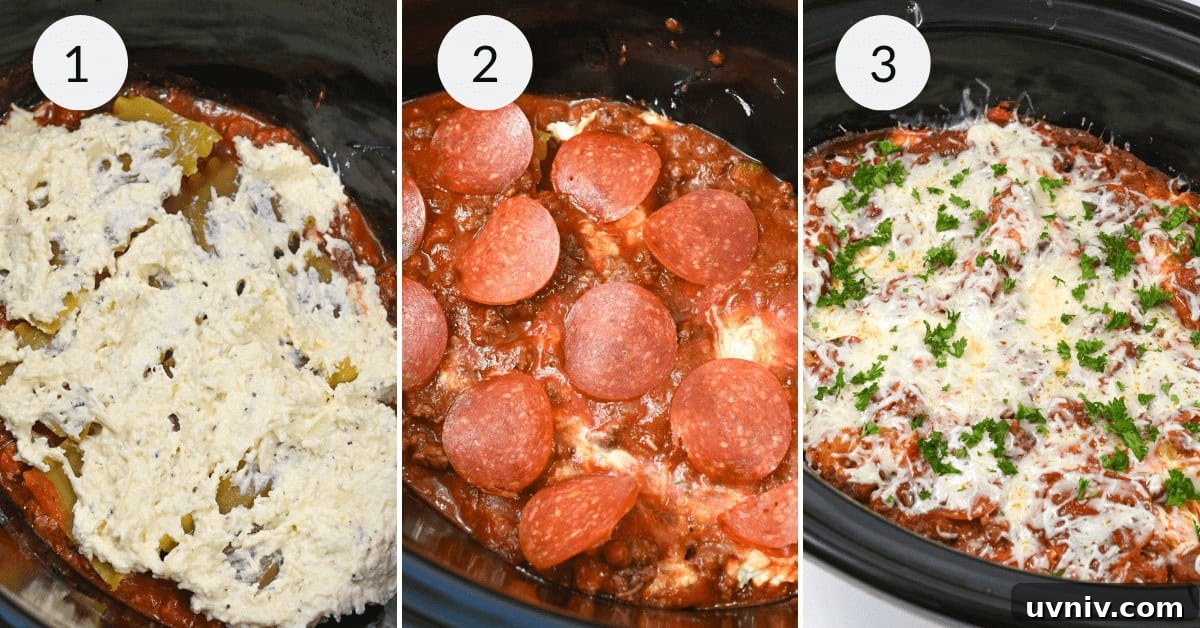 Slow Cooker No-Fuss Lasagna: Cheesy One-Pot Recipe 7 Three-step cooking process shown in a slow cooker for lazy lasagna: ingredients layered with cheese, topped with pepperoni, finished dish garnished with parsley.