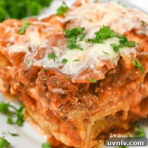 Slow Cooker No-Fuss Lasagna: Cheesy One-Pot Recipe 9 A close-up image of a slice of lazy lasagna topped with melted cheese and garnished with parsley on a white plate.