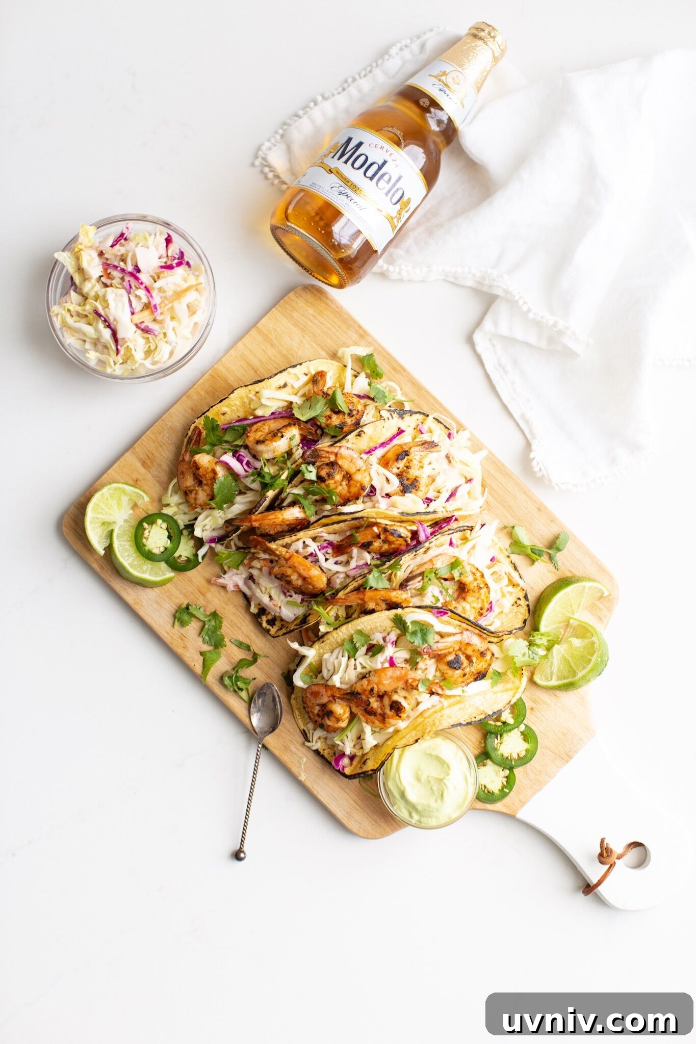 Shrimp Tacos with Coleslaw and Avocado Crema