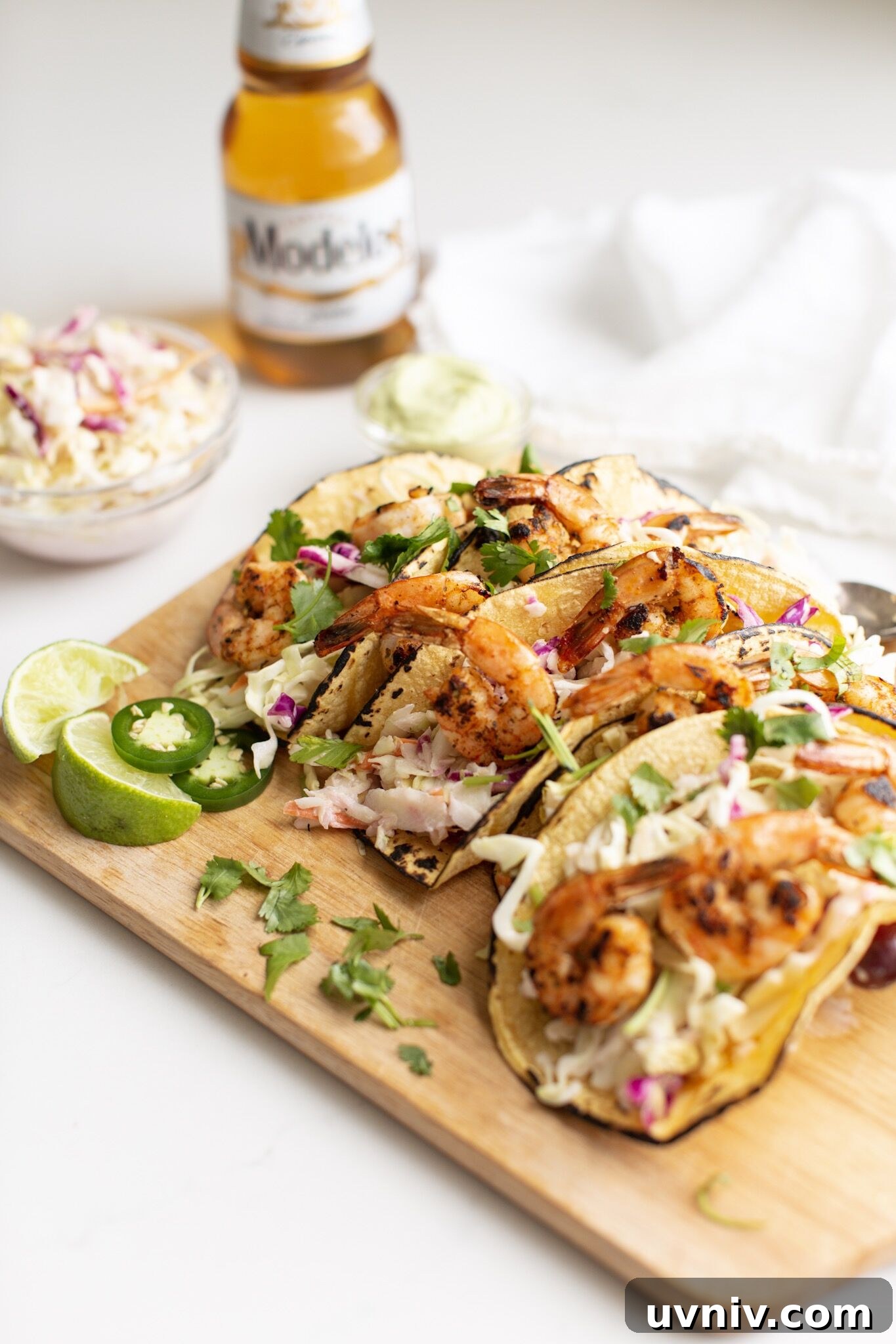 Shrimp Tacos with Coleslaw and Avocado Crema