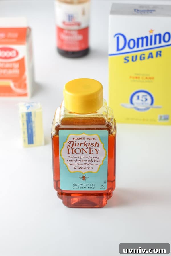 How to Make Soft, Chewy Caramels at Home 3 Honey, butter, cream, vanilla and sugar on a table