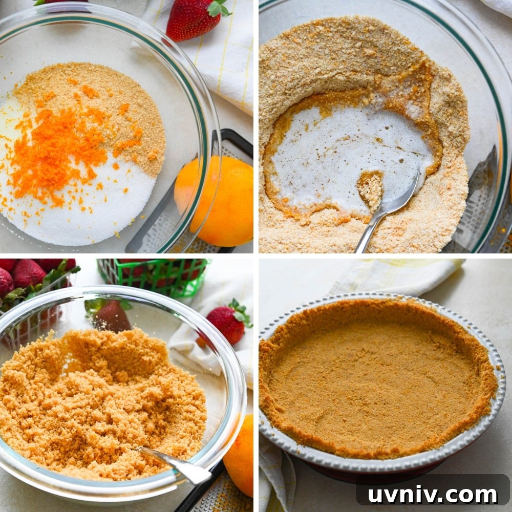 steps for making graham cracker crust for the strawberry icebox pie.