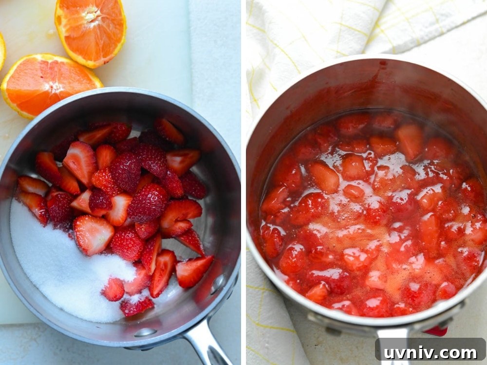 making strawberry glaze with fresh strawberries and orange juice.