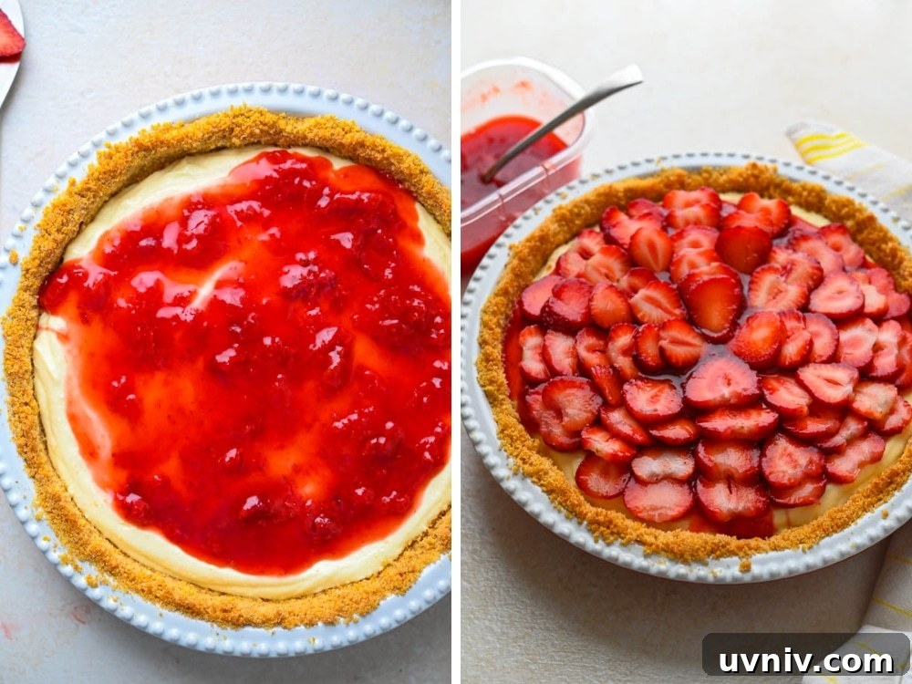spreading glaze over filling and layering with strawberries for no bake strawberry pie