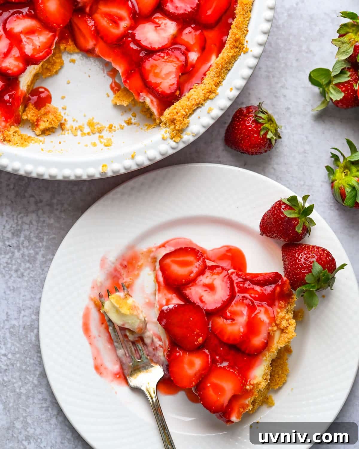 A piece of the strawberry ricotta pie on a plate.